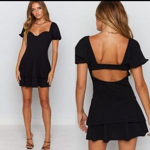 NEW SNDYS Barcelona Drop Waist Ruffle Skirt Puff Sleeve Mini Dress Black Size 4